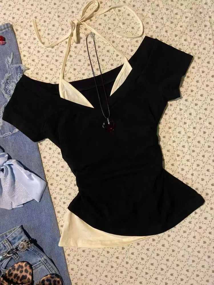 Aesthetic Vintage Slim Lapel White T-Shirts Women Summer Casual Short Sleeve Embroidery Letter Print Tops Skinny Thin Clothing