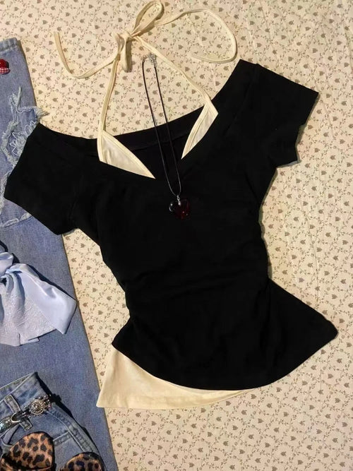 Aesthetic Vintage Slim Lapel White T-Shirts Women Summer Casual Short Sleeve Embroidery Letter Print Tops Skinny Thin Clothing