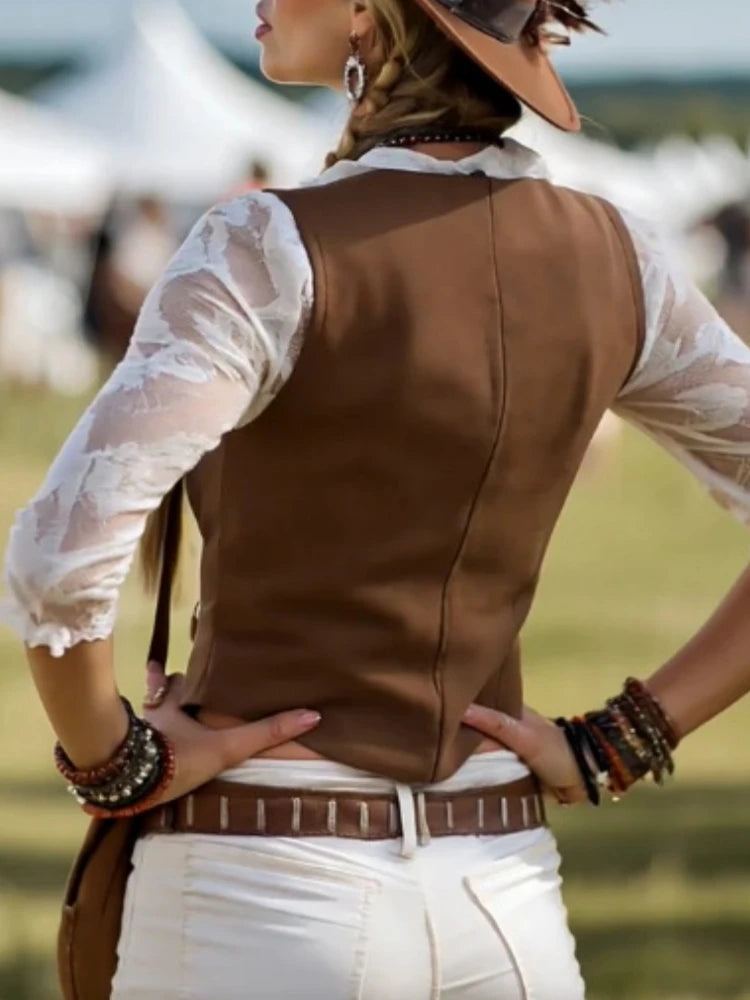 Retro Western Style Women Blouse Suede Vest Splicing Lace Long Sleeve Vintage Casual Single-breasted Gothic Tops Chic Shirt