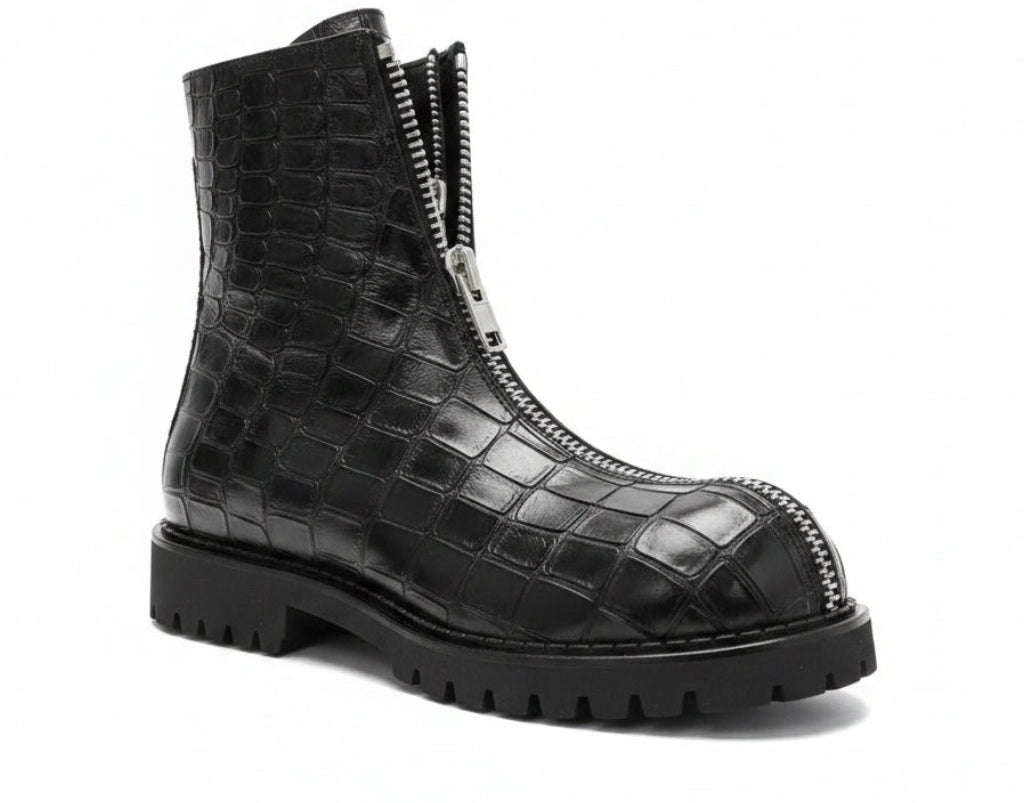 CROC NOIR - Men's Croc Embossed Leather Ankle Boots - Front Zip, Thick Platform, Gothic Style