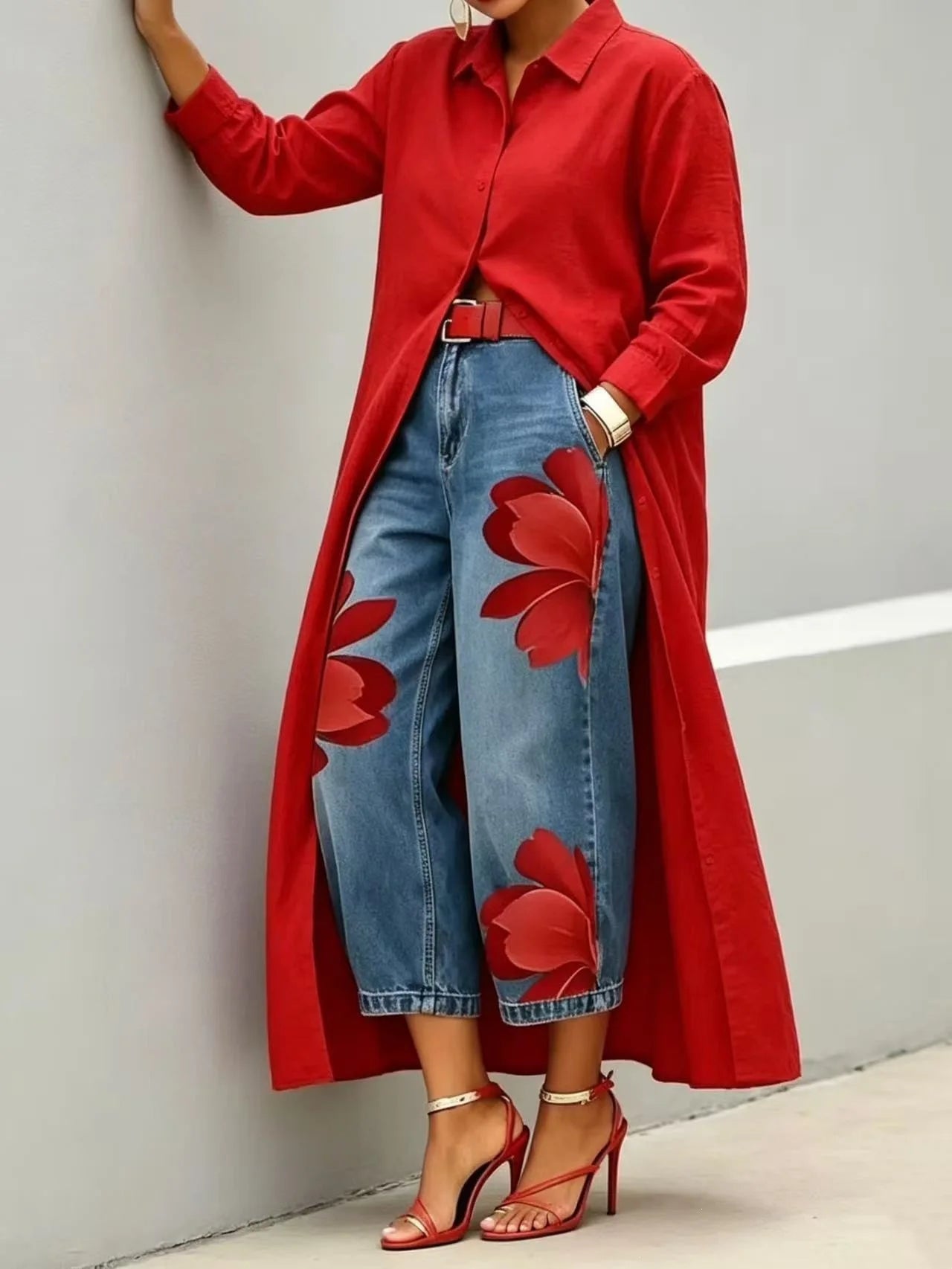 Floral Print Wide Leg Jeans - High Waist