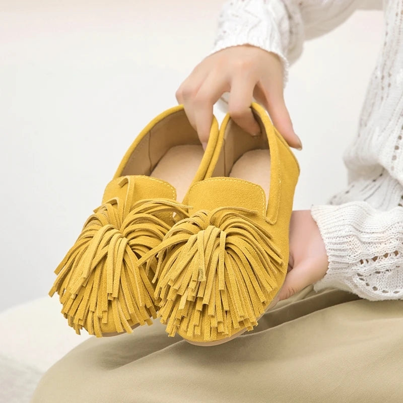 AIYUQI Women's Flat Shoes Genuine Leather 2026 New Tassel Women's Loafers Large Size Ballet Mary Jane Shoes For Women