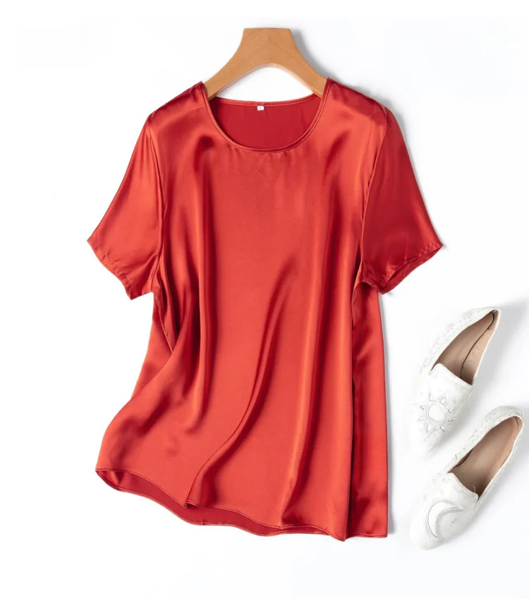 100% Mulberry Silk 19 Momme Charmeuse Silk Women Tank Top T-shirt Short Sleeve Shirt Blouse Solid Colors Summer M L XL AA4270