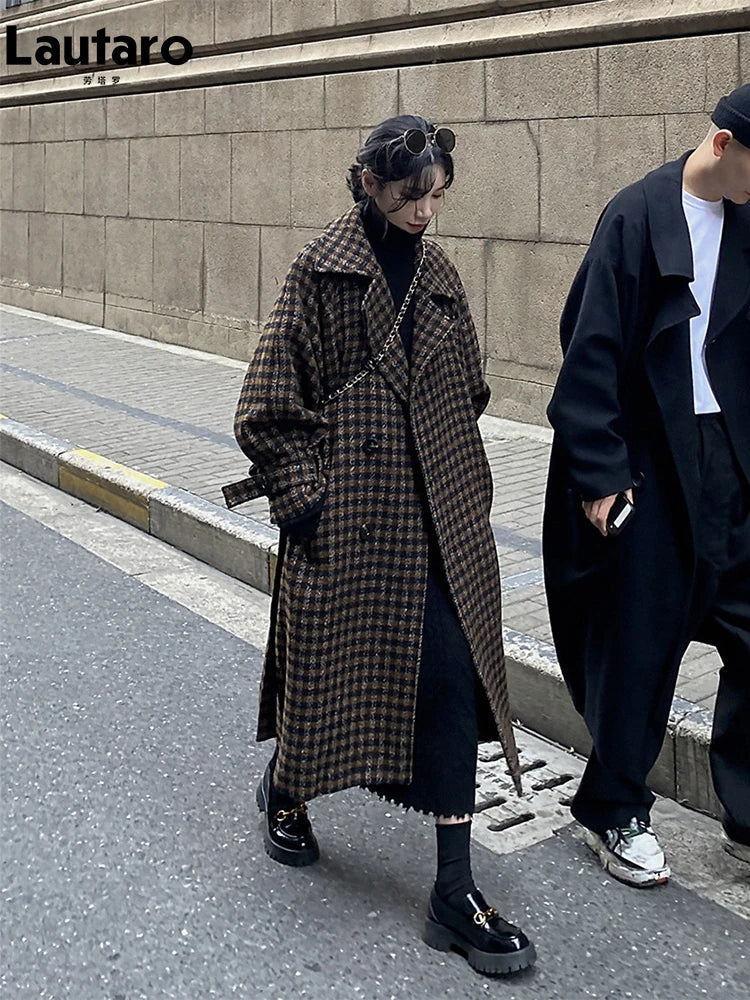 Plaid Woolen Coat – Long Double Breasted Loose Fit