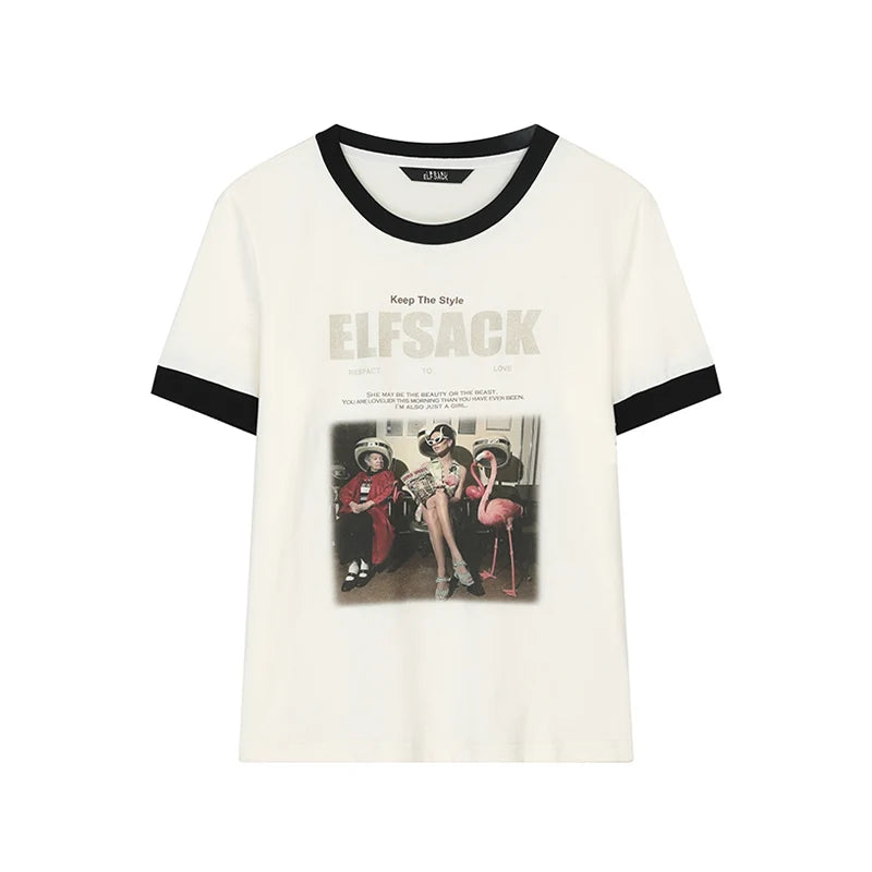 ELFSACK Women's Vintage Ringer T-Shirt with Photo Graphic Print, Retro Contrast Tee for Summer, Chic Aesthetic Short Sleeve Top