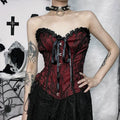 Unholy Lace Halter - Black Goth Corset Top With Cross And Red Velvet