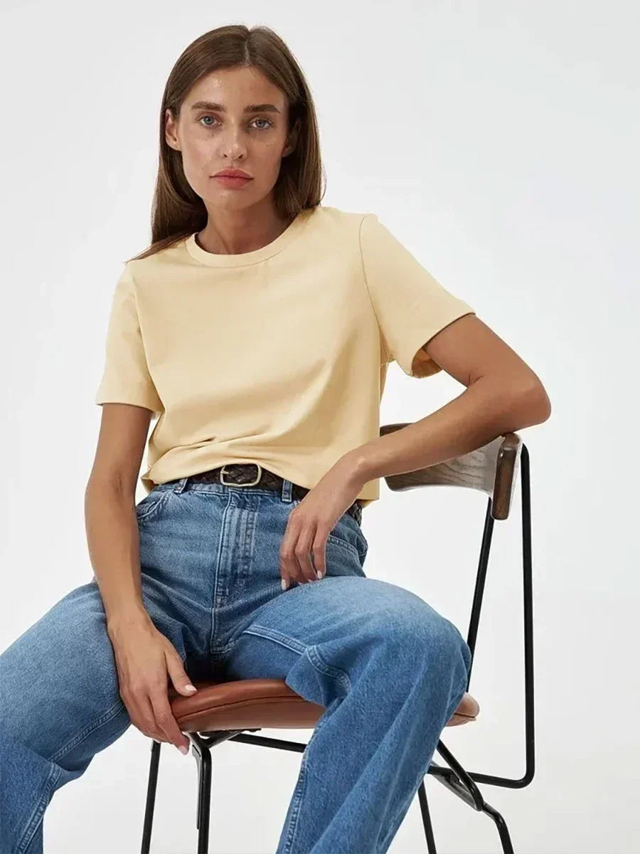 Bornladies Summer 100% Cotton Women's T-shirt Basic Fashionable Solid Lady Short Sleeve Loose Tops 230g/㎡