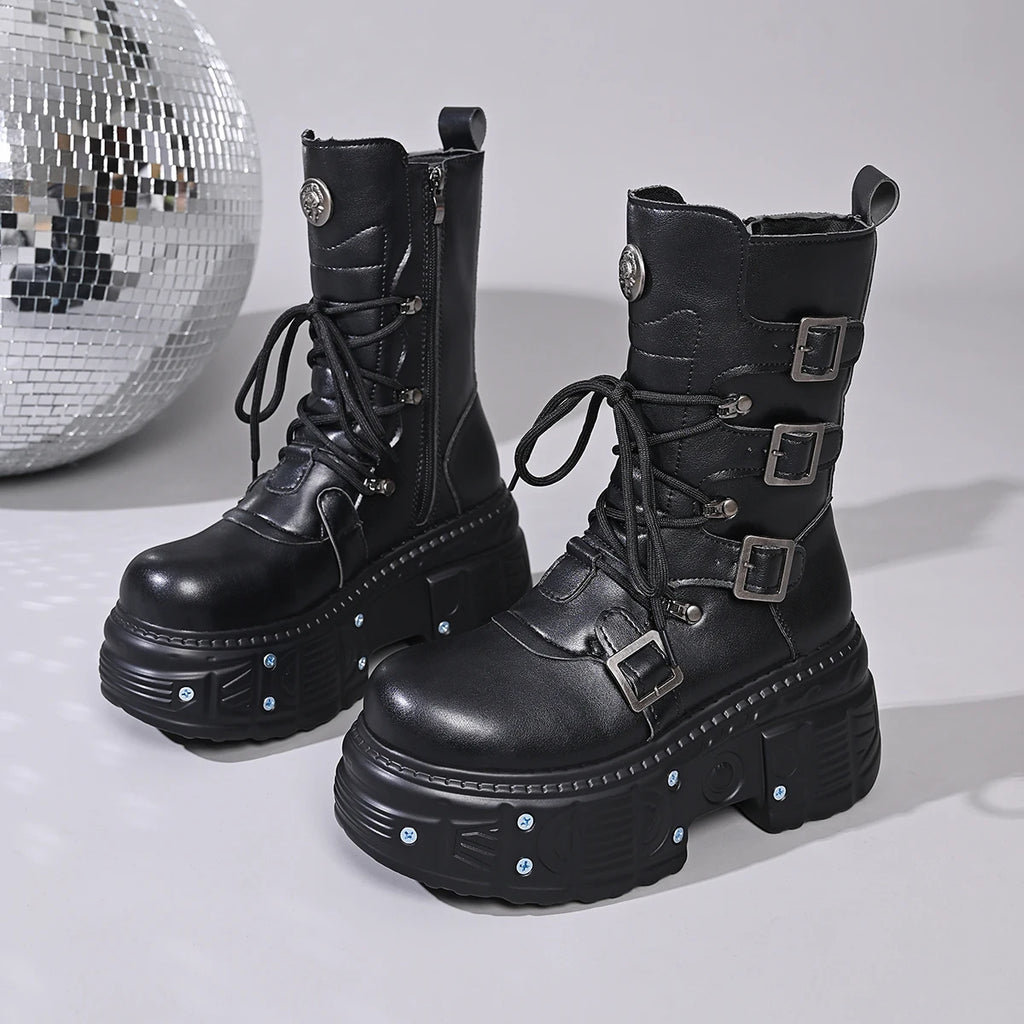 Platform Wedge Mid-Calf Motorcycle Boots