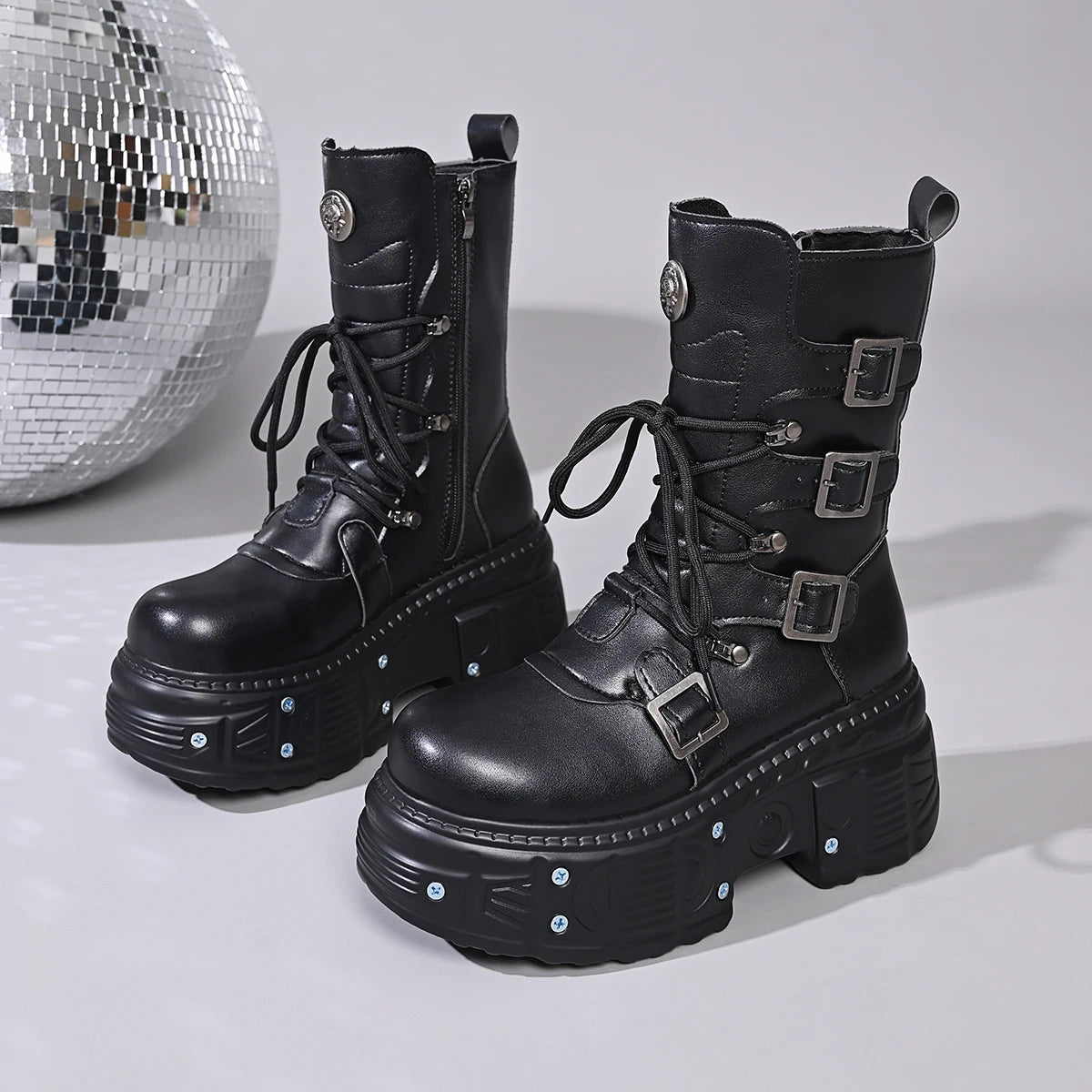 Platform Wedge Mid-Calf Motorcycle Boots