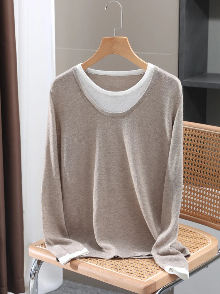 Casual Spring Autumn Women T-Shirts Merino Worsted Wool Female Knitted Pullover Long Sleeve Soft Clothing Tops Thin Outerwear