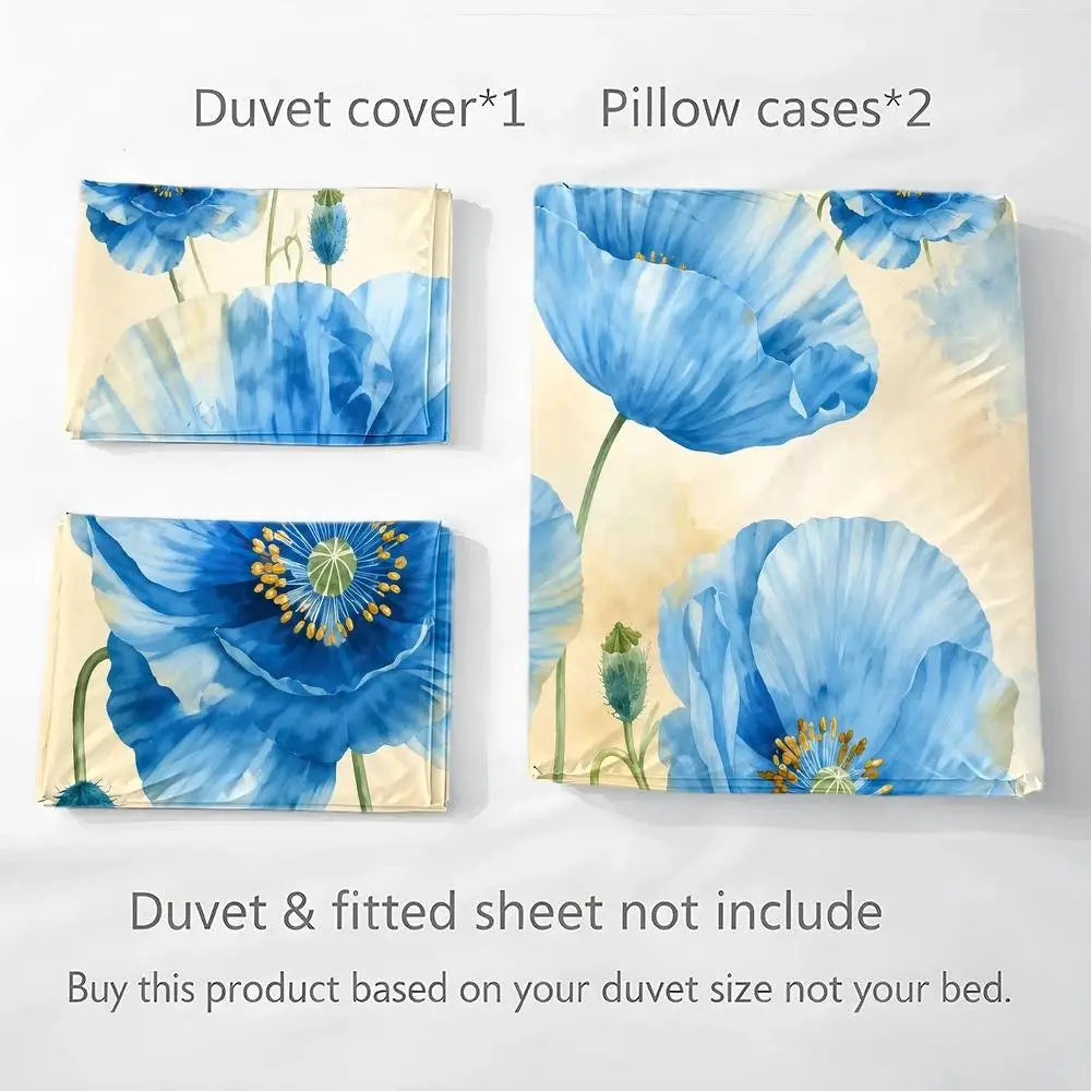BLUE POPPY - Nordic Floral Duvet Cover Set - Modern, Breathable & Skin-Friendly