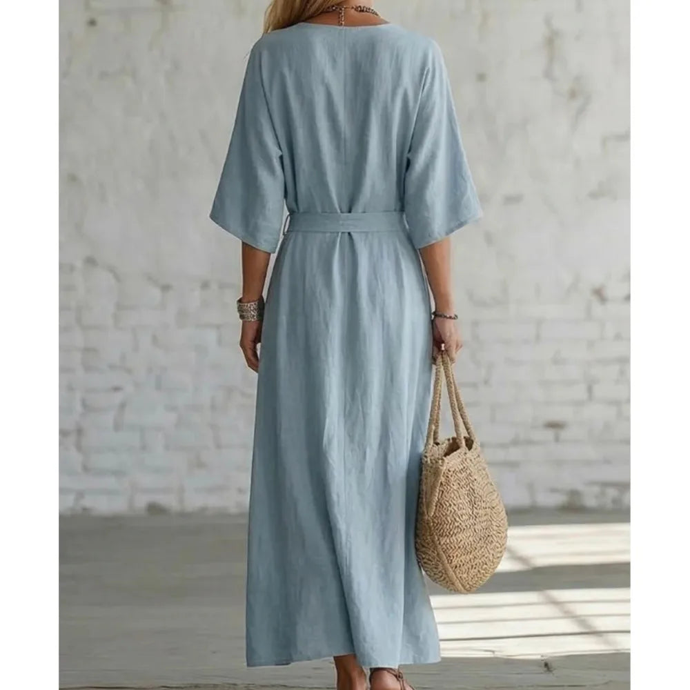 New Summer Elegant Simple Retro Cotton Linen V-neck Women's Dress Casual Mid-sleeve Solid Color Fashion Belt Wide Hem Long Skirt
