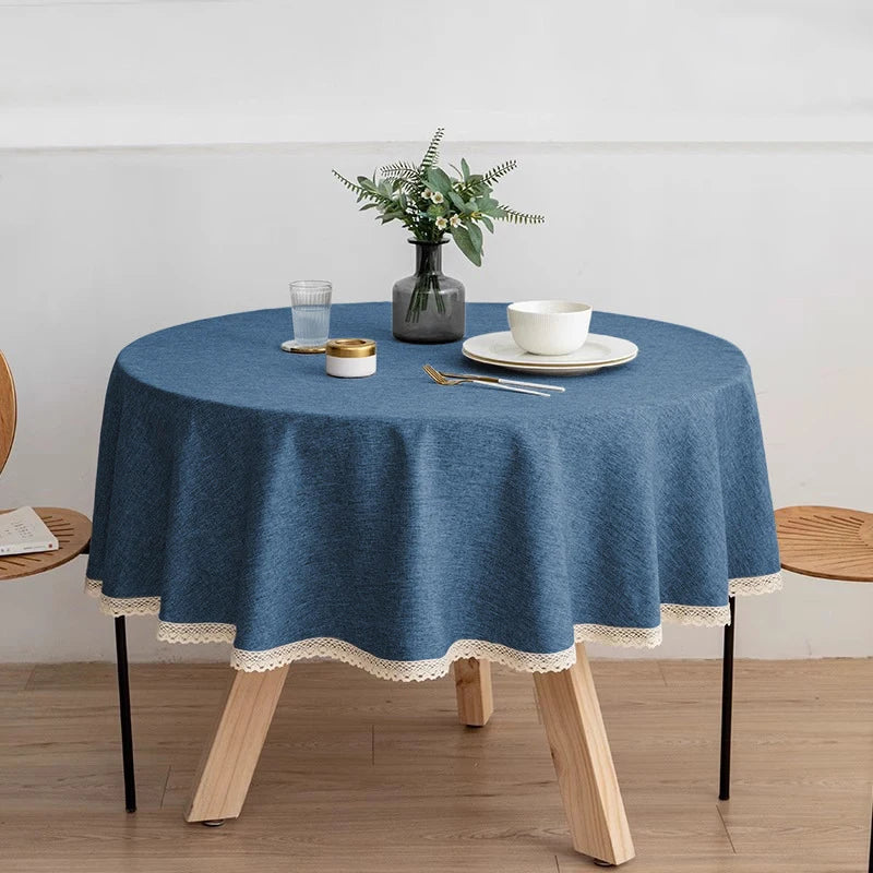 ROUND LACE TABLECLOTH - Faux Linen, Washable - Vintage Dining