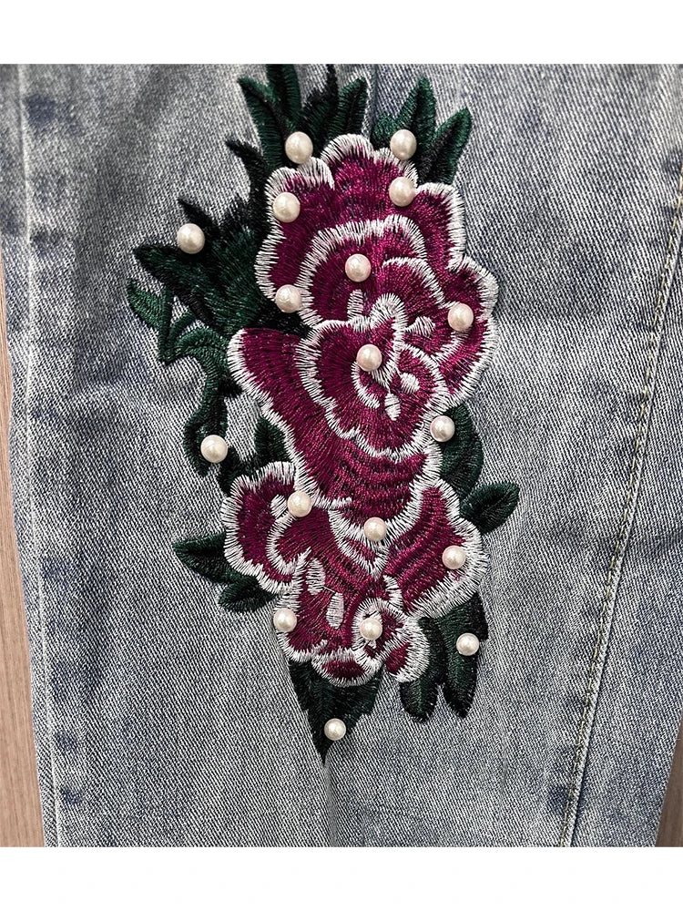 Bloom Boom Riot - 3D Floral Embroidered Ripped Boyfriend Jeans with Pearls