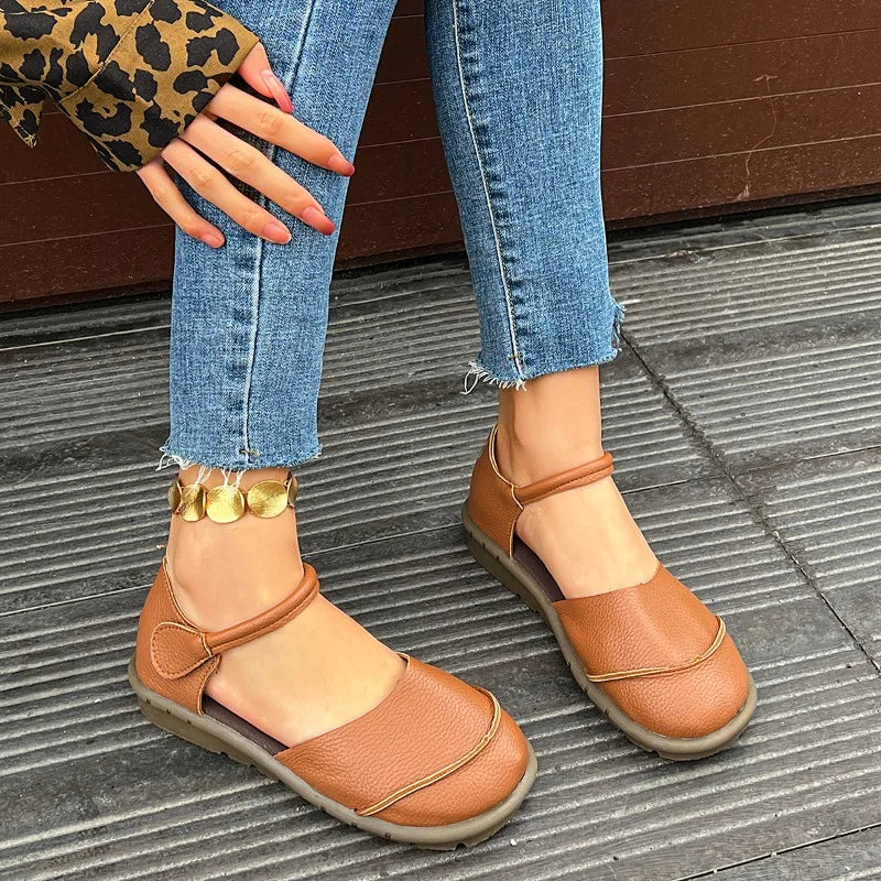 Women's head-to-toe flat sandals, summer new style retro wedge-style casual soft-soled mother's shoes, large size women's shoes
