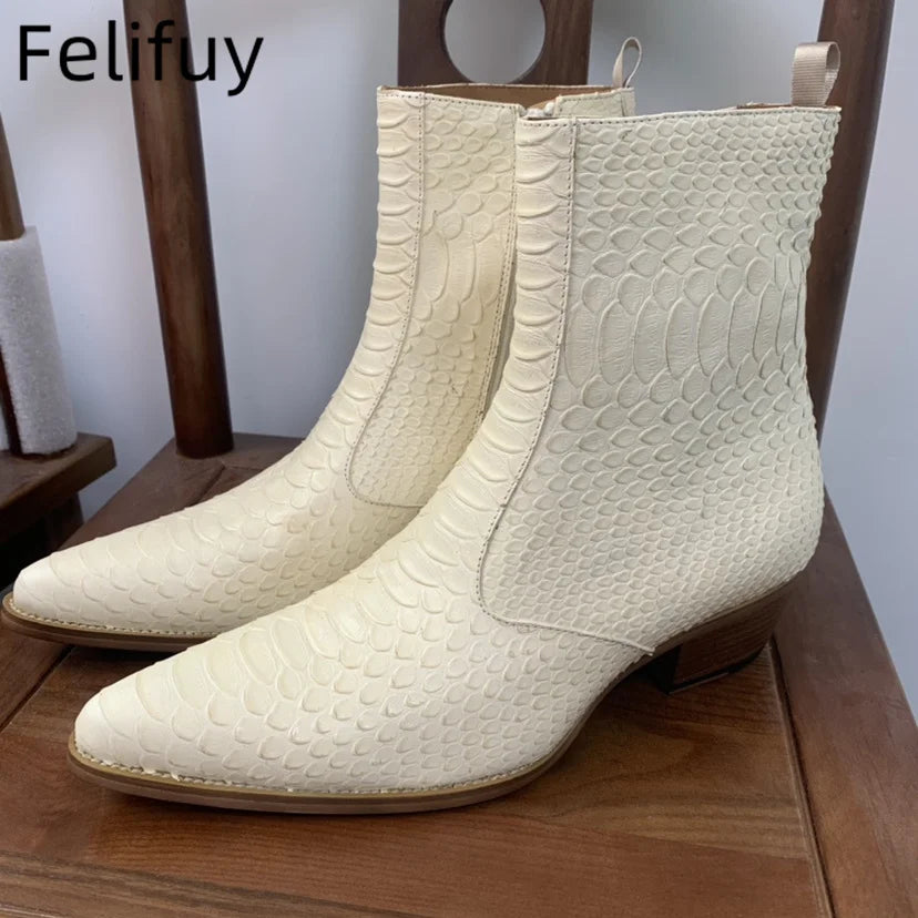 SNAKESKIN POINTED BOOTS - Men's Handmade Cow Leather Zipper Ankle Boots Snakeskin Print Party Style - Low Heel