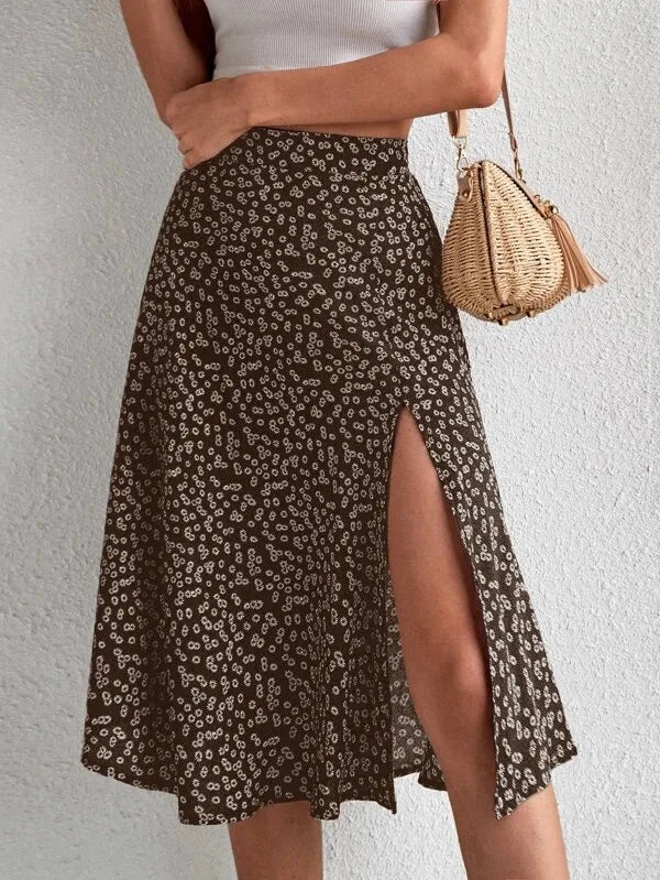 Spring and summer new women's versatile floral zipper split A-line skirt