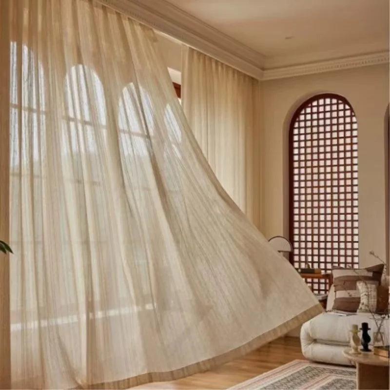 STRIPED SHEER CURTAINS - Soft Linen-Look Gauze Panel - Light & Airy