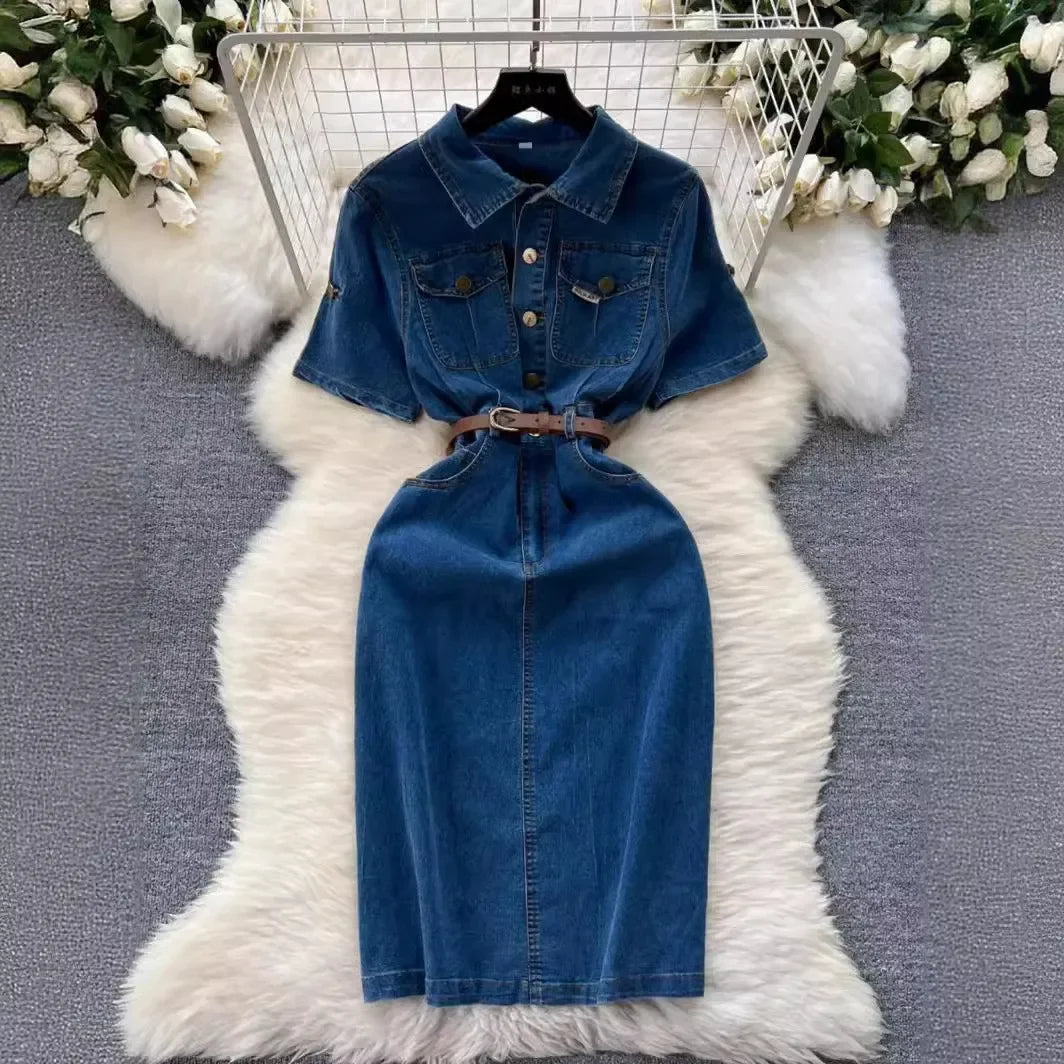 Design Sense Niche Denim Short-sleeved Dress Women. Korean Version Summer Leisure Temperament in The Long Slim-fit Shirt Dress