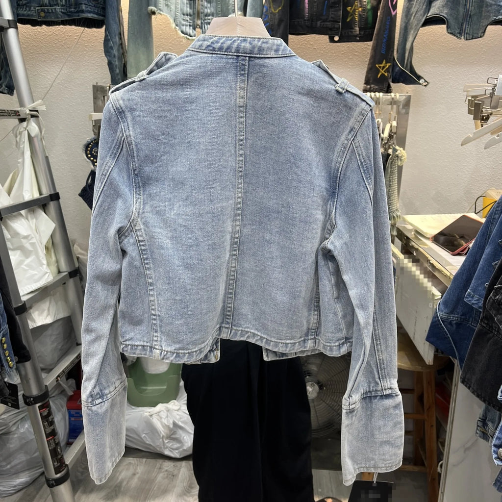 Distressed Washed Denim Coat - Stand Collar