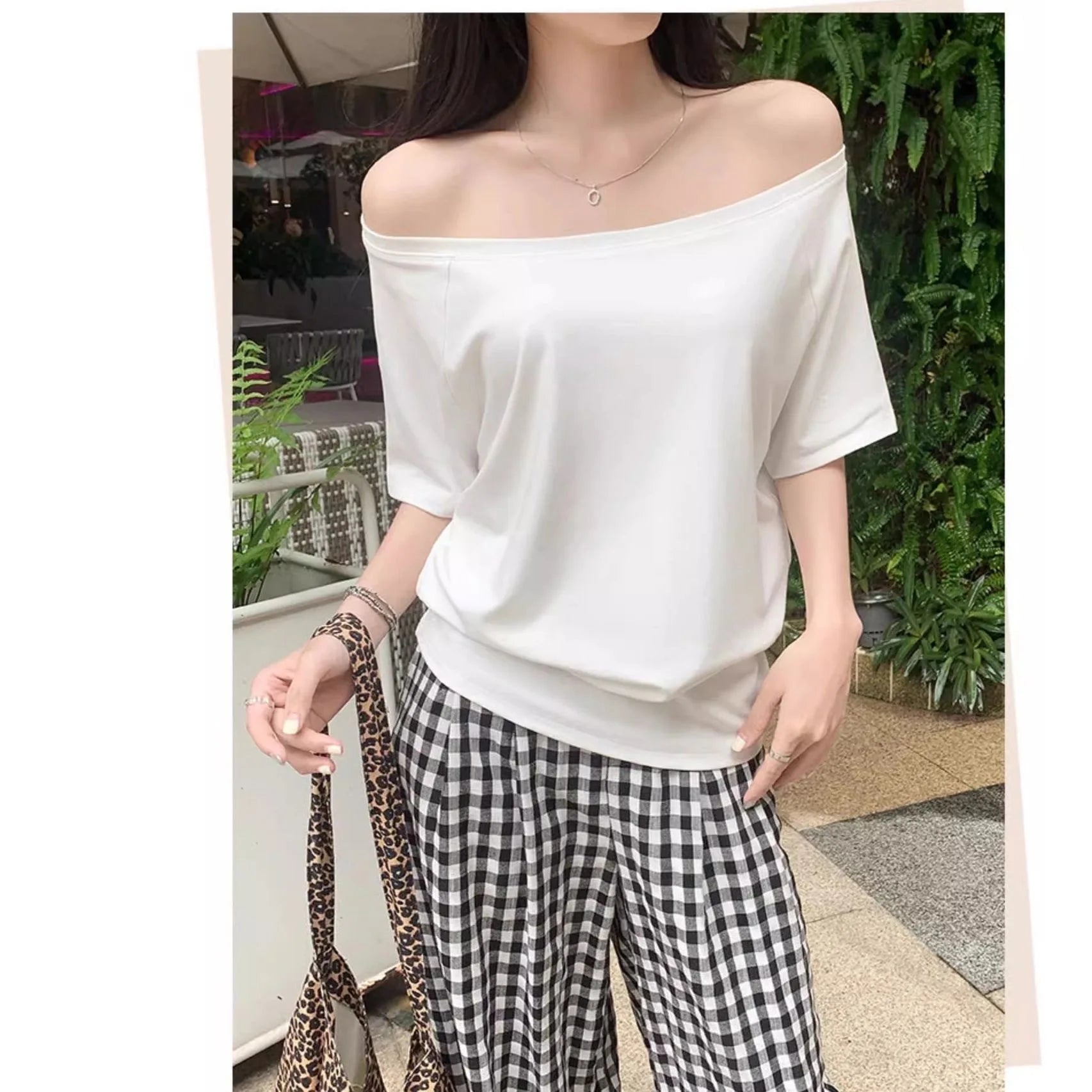 Autumn Winter One Shoulder Cotton Long Sleeve Slant Shoulder Women's Clothing Style Interior Wide Truffle Shoulder Base Shirt