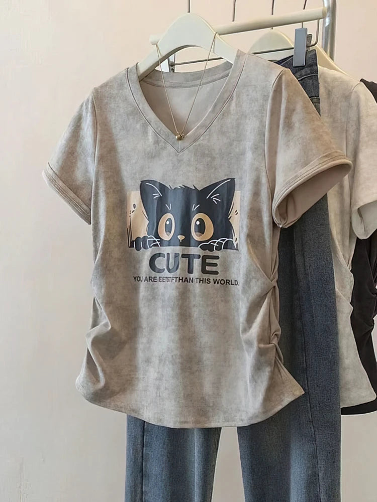 100% Cotton Washed Vintage Cat Print Short sleeve T shirt Women V neck Oversize Shirring Summer Top Lady Casual Tees