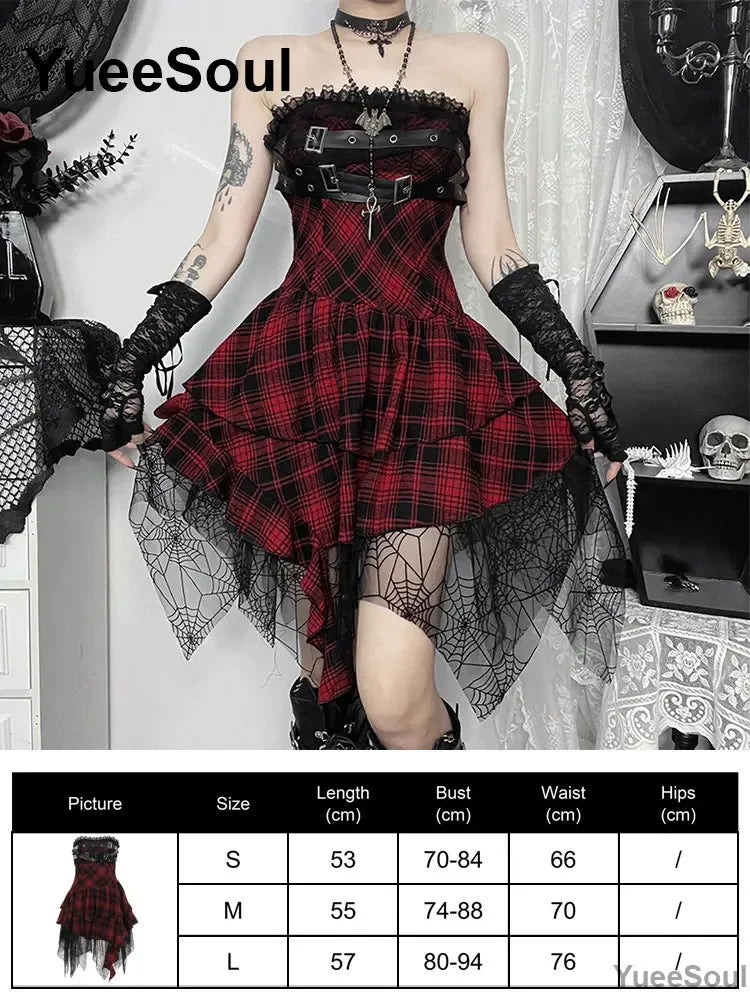Grunge Gothic Women Dress Lace Trim High Waist Bodycon Mini Dress 2026 New E-girl Vintage Punk Harajuku Lolita Party Clothes