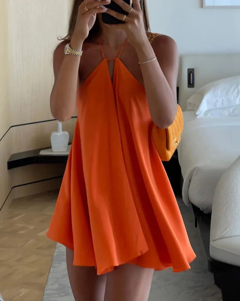 Sexy Off Shoulder Hanging Strap Loose Mini Dresses Sleeveless Hollow Out Deep V-neck Beach Dress Backless Women  Summer Vestidos