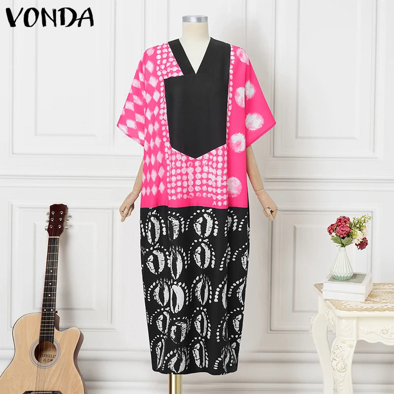 Plus Size 5XL VONDA Women Vintage Dress Bohemian Print Maxi Vetido Party 3/4 Sleeve Patchwork Robe V-Neck Casual Loose Sundress