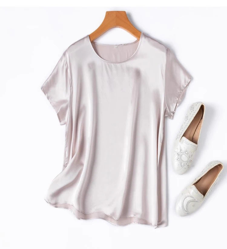100% Mulberry Silk 19 Momme Charmeuse Silk Women Tank Top T-shirt Short Sleeve Shirt Blouse Solid Colors Summer M L XL AA4270