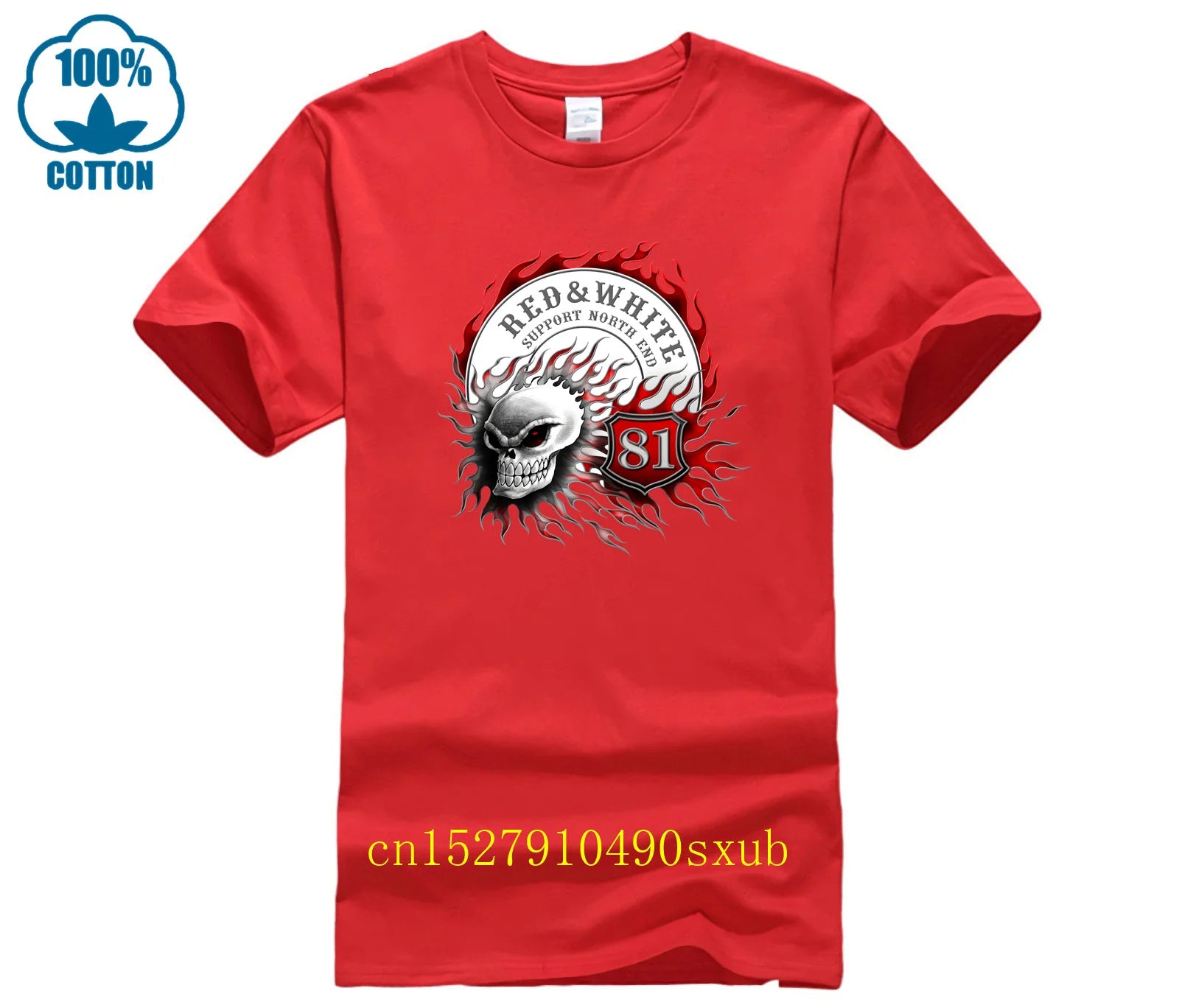 Flaming Skull 81 Biker T-Shirt Red White Support Vintage
