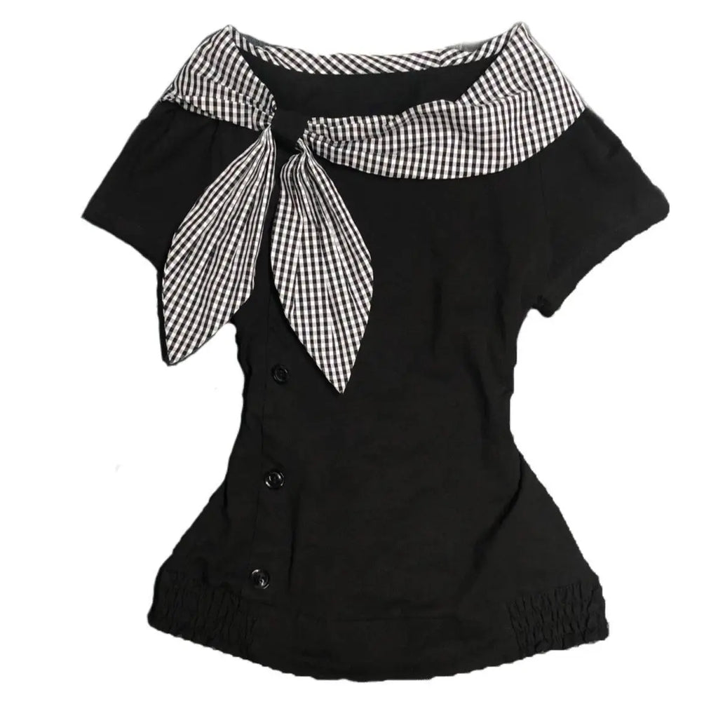 Onalippa 2025 American Retro Vintage Irregular Short Sleeved T-shirt Button Millennium Y2k Checkered Navy Collar Top Women
