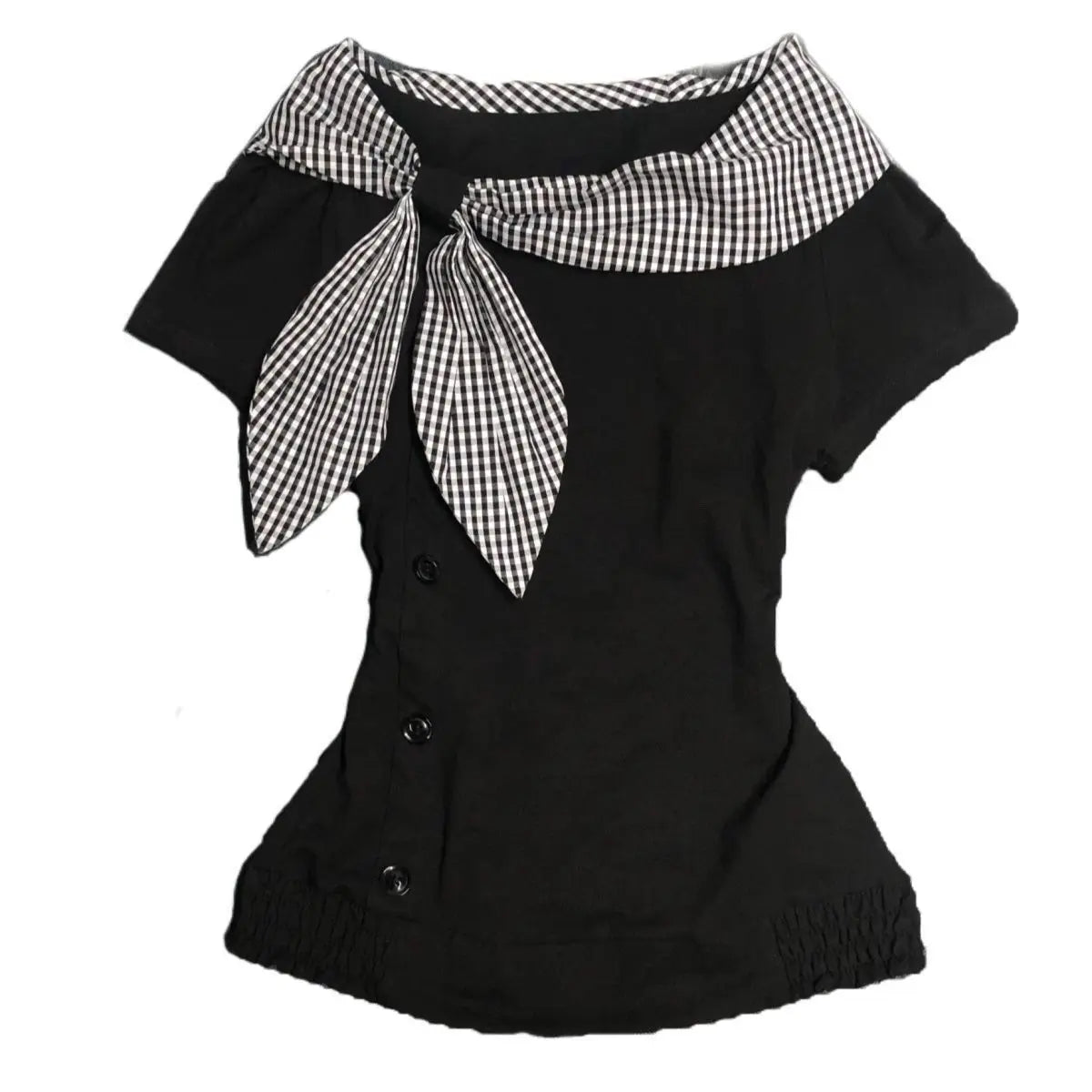 Onalippa 2025 American Retro Vintage Irregular Short Sleeved T-shirt Button Millennium Y2k Checkered Navy Collar Top Women