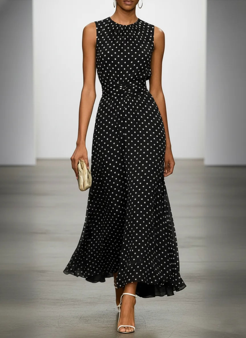Women's Sleeveless Polka Dot A Line Chiffon Maxi Dress with Waist Tie for Summer Party