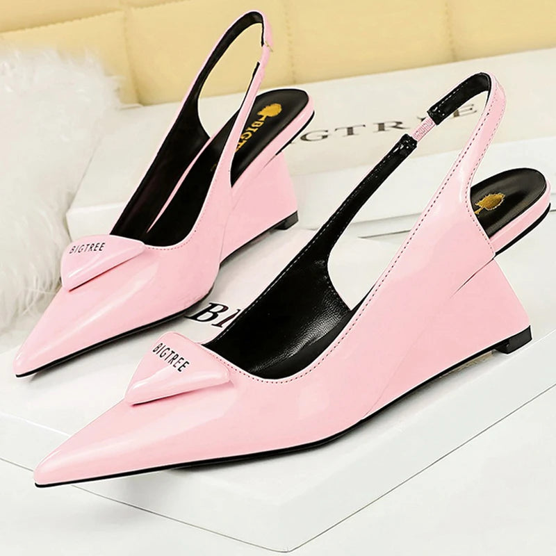 Patent Leather Wedge Pumps – Pointed Toe Hollow Back Strap