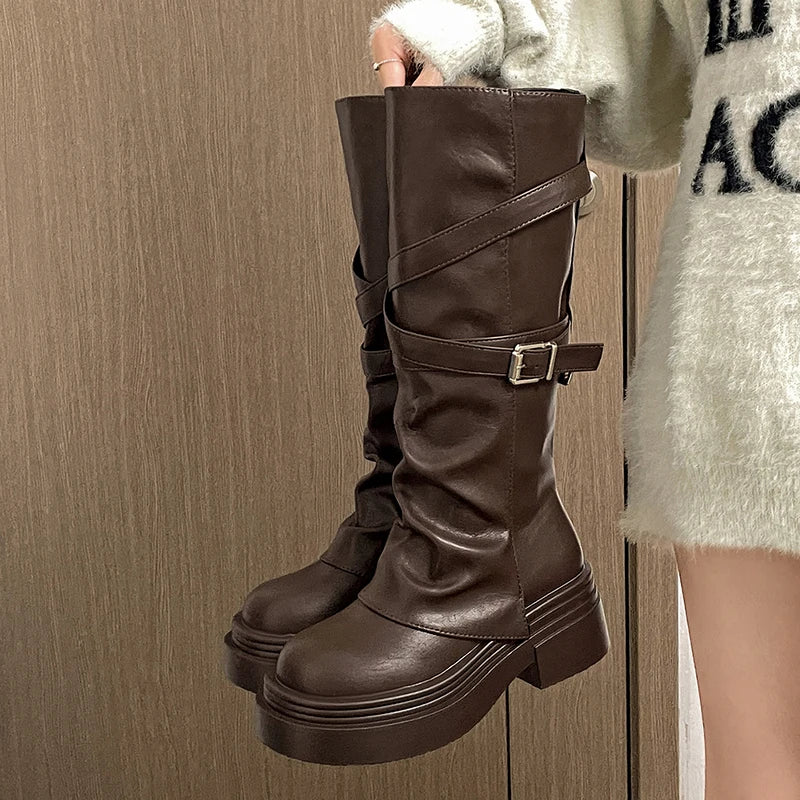 Vintage Knee-High Boots – Square Heel Slip-On Platform