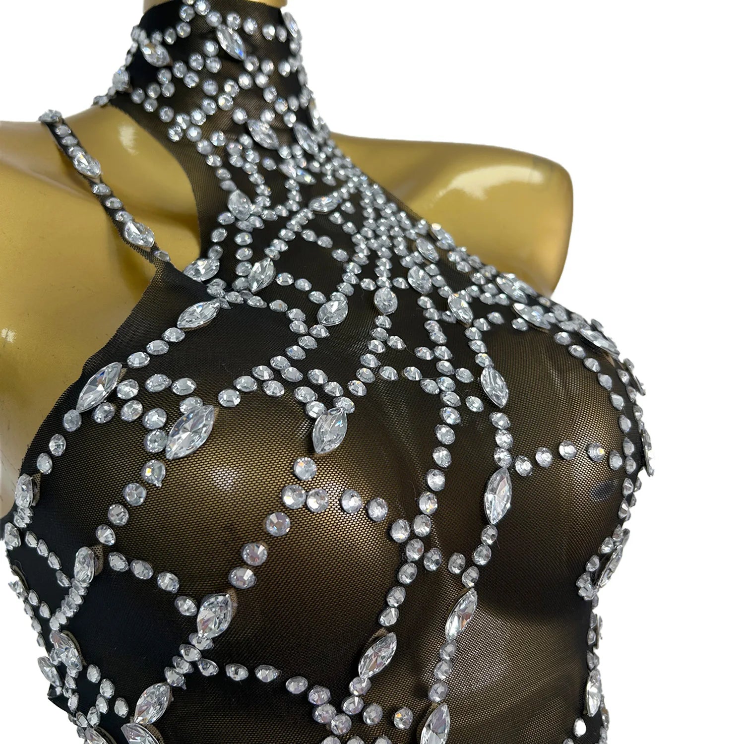 Zhizhu Black Mesh Irregular Dress Sexy Hollow Silver Rhinestone Spider Web Dress Bar Singer Dancer Celebrity Performance Costume