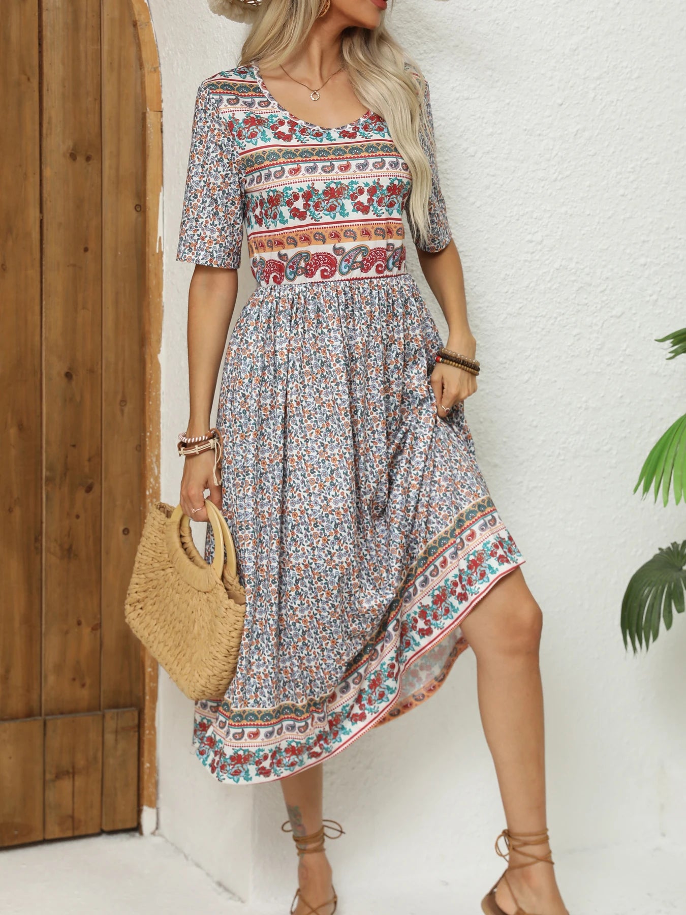2024 Europe and America autumn ladies round neck short sleeve long skirt Bohemian print dress woman