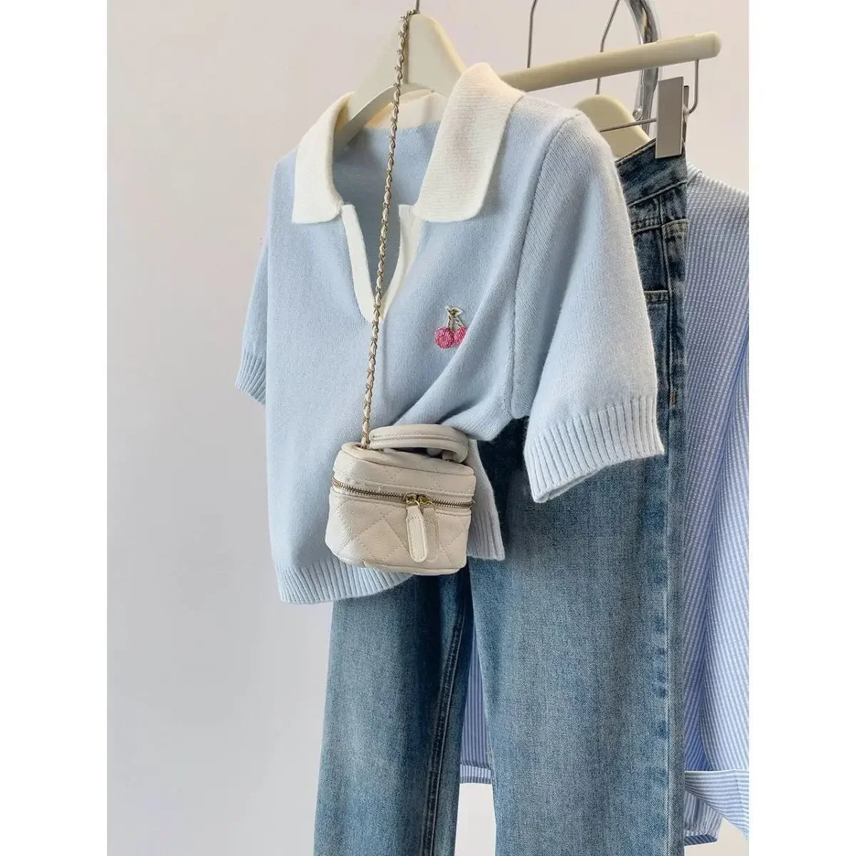 Loose and Slim Polo Neck Ice Silk Short-sleeved T-shirt for Women in Summer Fashion Age-reducing Versatile Top