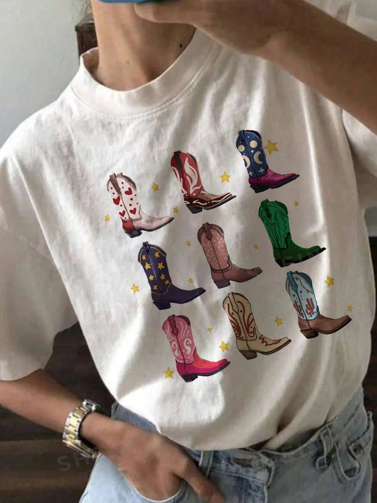 Western Boot Graphic Tops Tees Women Loose Vintage Boho T Shirt Cowgirl Cowboy Cute Hippie Tshirts Retro Vintage Female Clothing