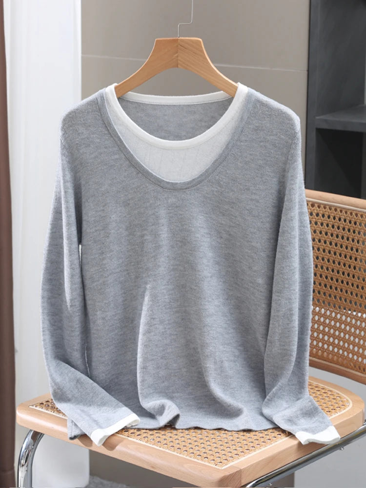 Casual Spring Autumn Women T-Shirts Merino Worsted Wool Female Knitted Pullover Long Sleeve Soft Clothing Tops Thin Outerwear