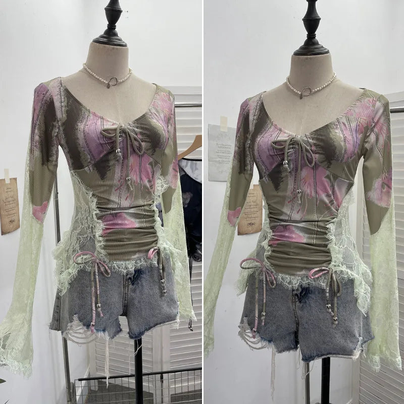 ISAROSE Vintage Stretch Tees for Women V Neck Side See-through Lace Patchwork Flare Sleeves Slim Ruched T-shirt Short Tops