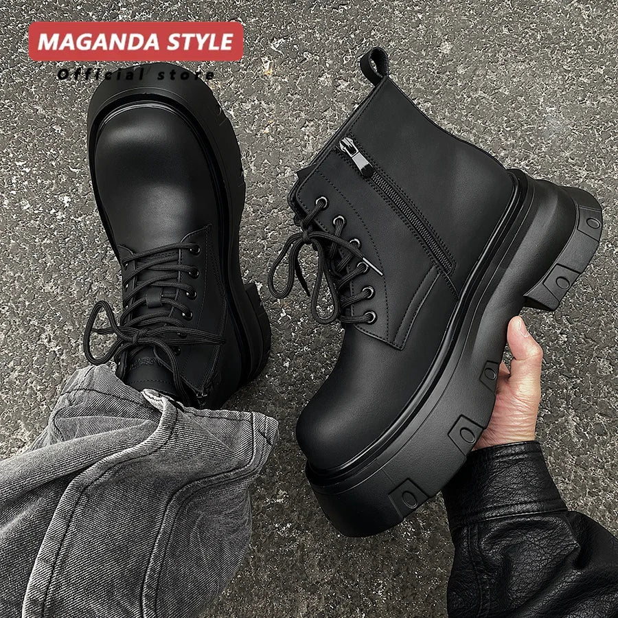 Men's Height Increasing Ankle Boots - +7cm Lace-Up Matte Thick Sole Work Style