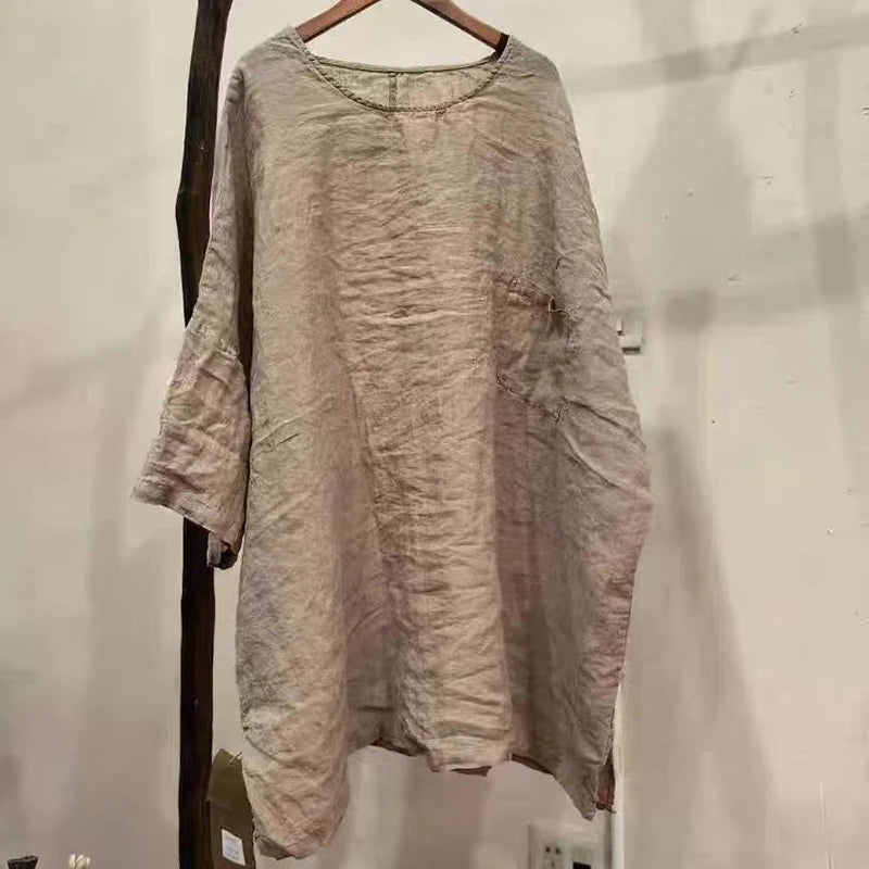 Spring Summer Arts Style Women O-neck Batwing Sleeve Casual Tops Tees Good Quality Cotton Linen Vintage Loose Long T-shirt T2513