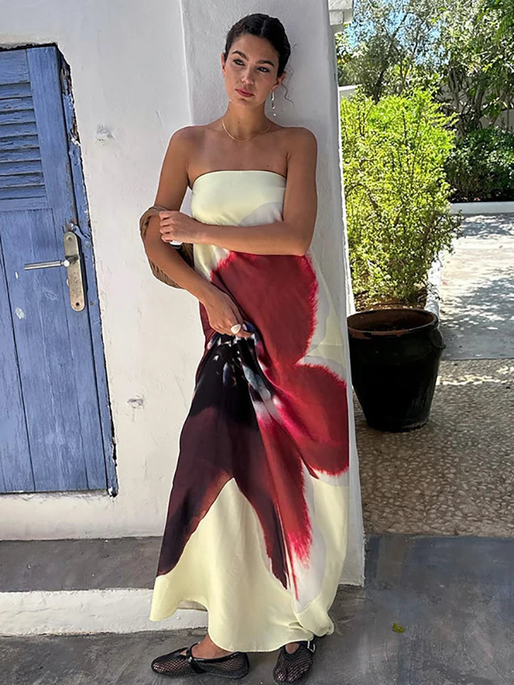 JULISSA MO Sexy Strapless Print Floral Belt Women Maxi Dress Yellow Backless Vacation Dress Summer Loose Elegant Party Beachwear