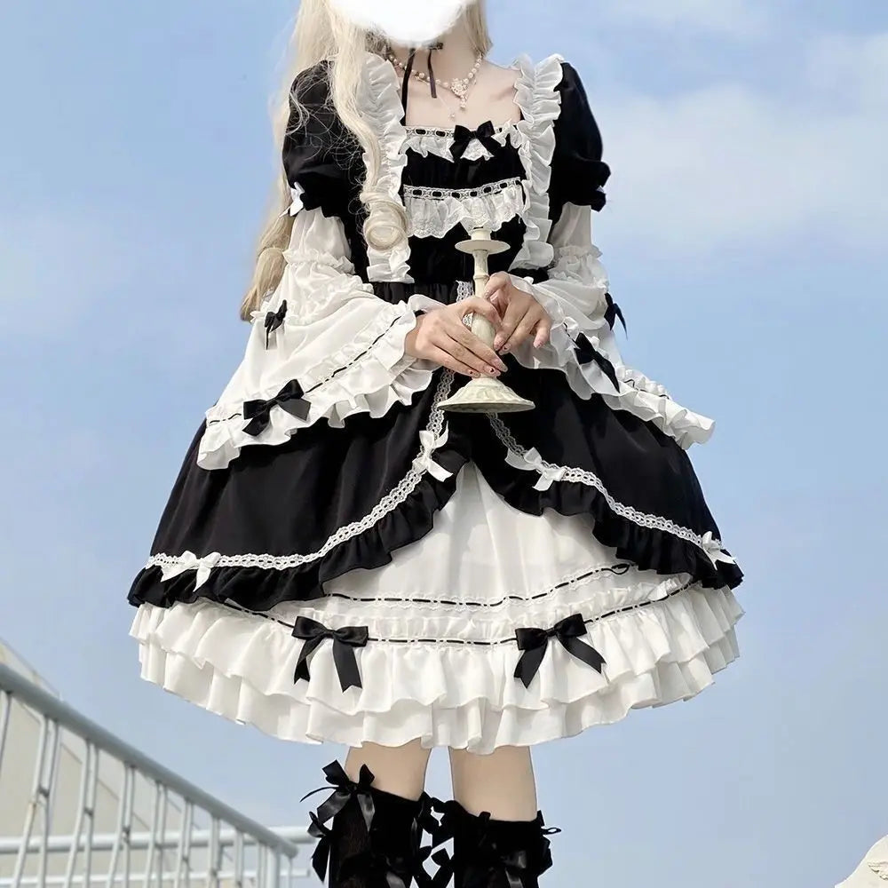 Lolita Dress OP White Night Aurora - Detachable Sleeves Korean Bow Lace Dress, Sweet Gothic Aristocrat Jumper Skirt, Kawaii Cosp