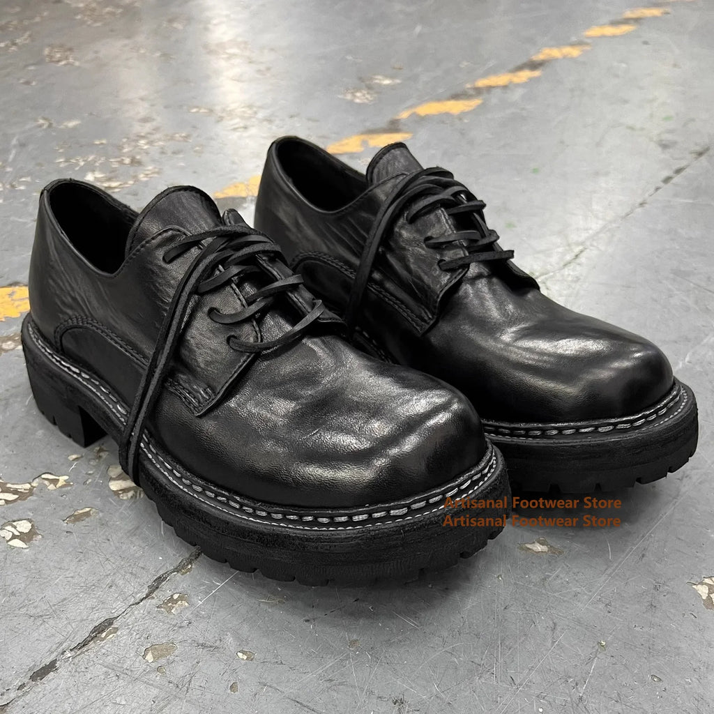 ROUND CHIEF - Men's Thick-Sole Height-Increase Derby Shoes - Lace-Up Big Round Toe Casual Designer Shoes