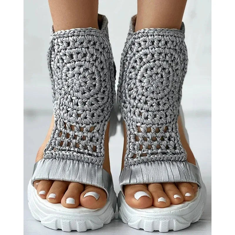 Hot Seller Gold Knitted Sandals for Women Braided Elastic Summer Shoe Mesh Flat Bottom Hollow Out Female Sandals Sandalias Mujer