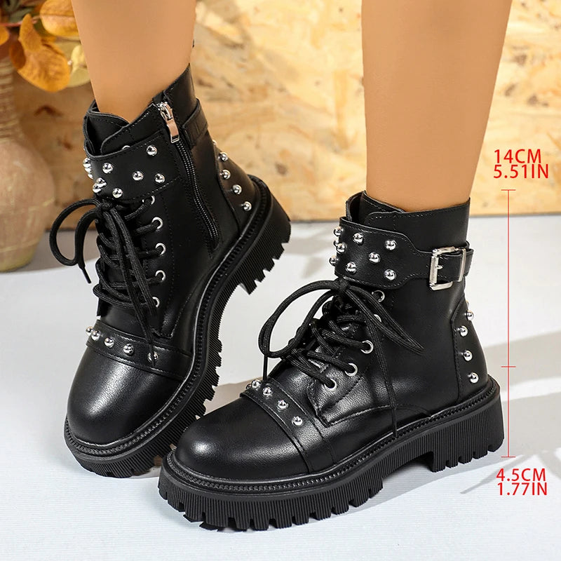 Rivet Punk Ankle Boots – Lace-Up Platform