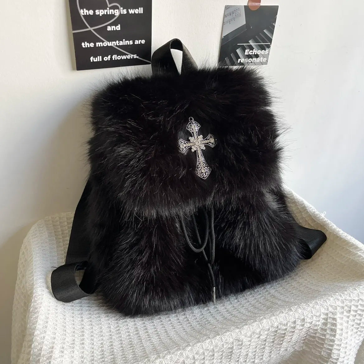 Black Plush Backpack Y2K Gothic Cross Fluffy Fur Backpack